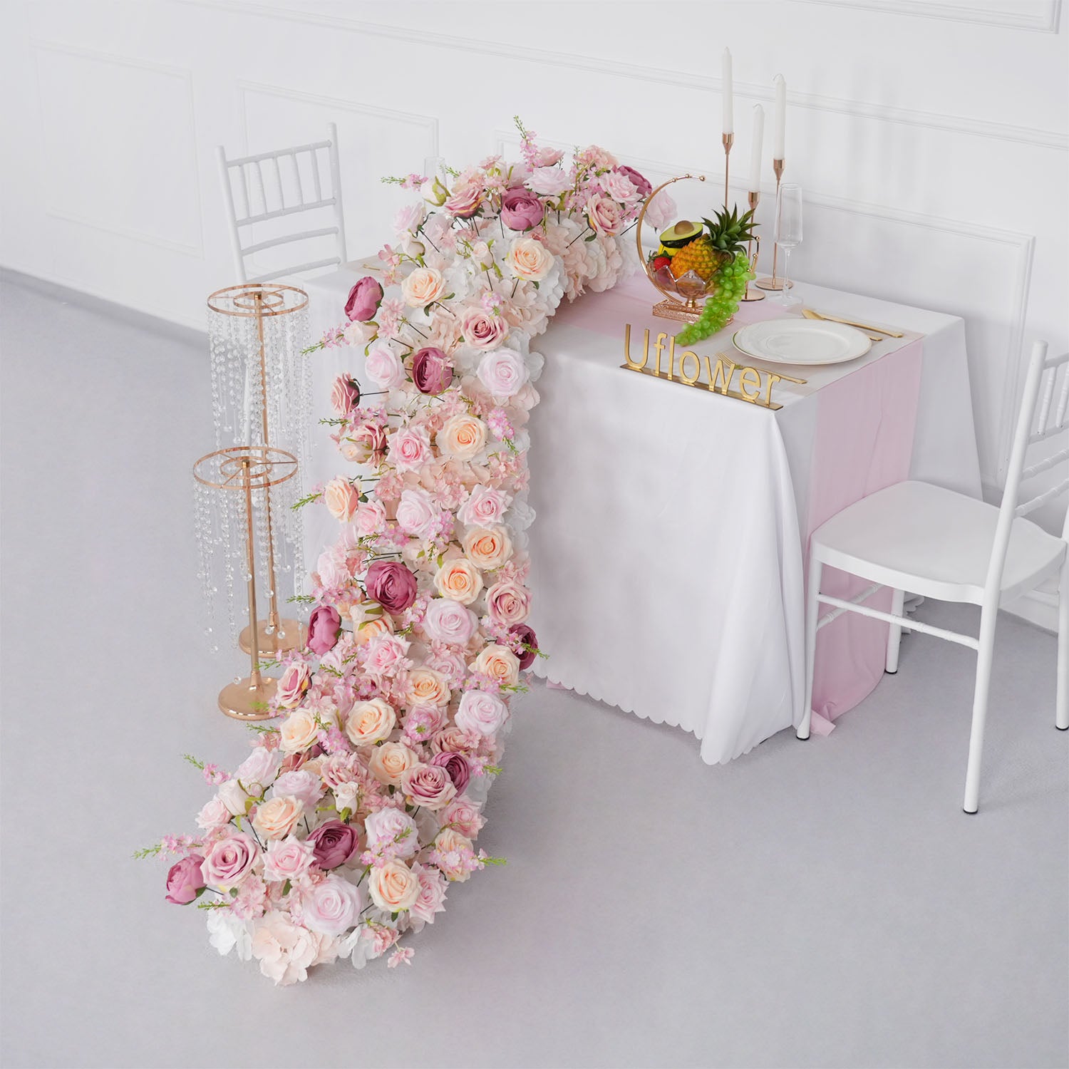 Uflower Pink Rose Sofa Table Runner Floor Flower Arrangement
